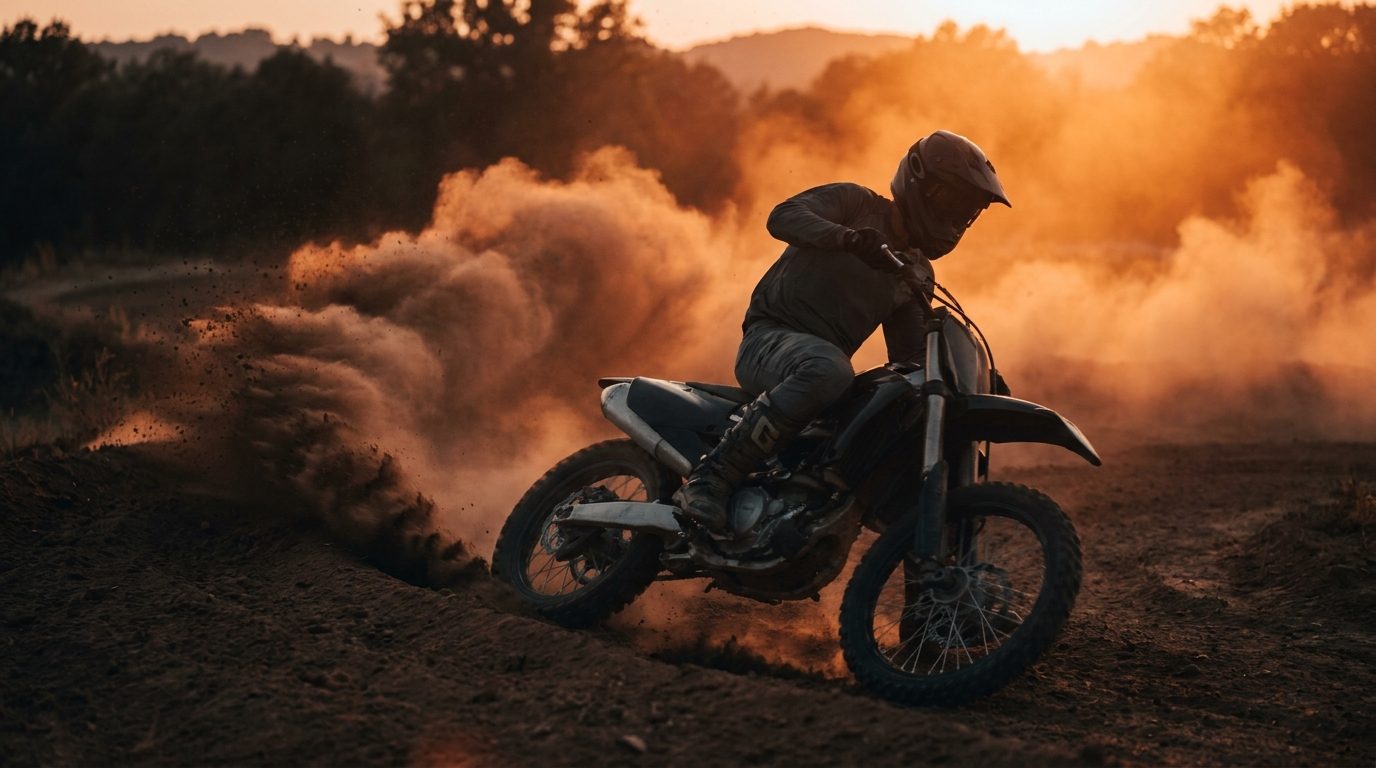 Motocross rider throwing a roost of dirt at sunset